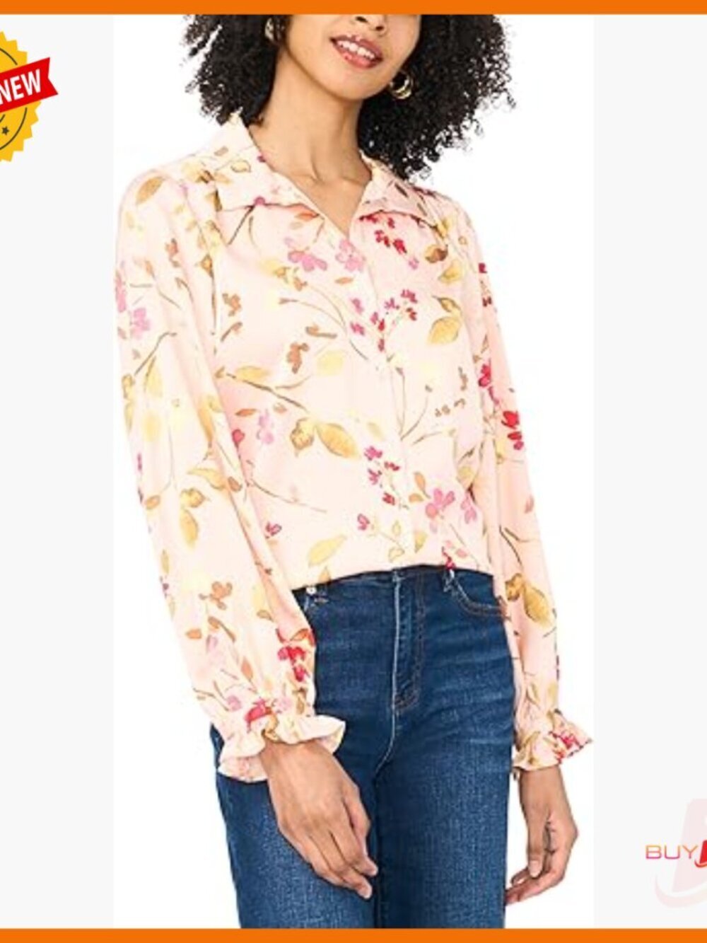 Floral Long Sleeve Button Down Blouse with Ruffle Cuffs